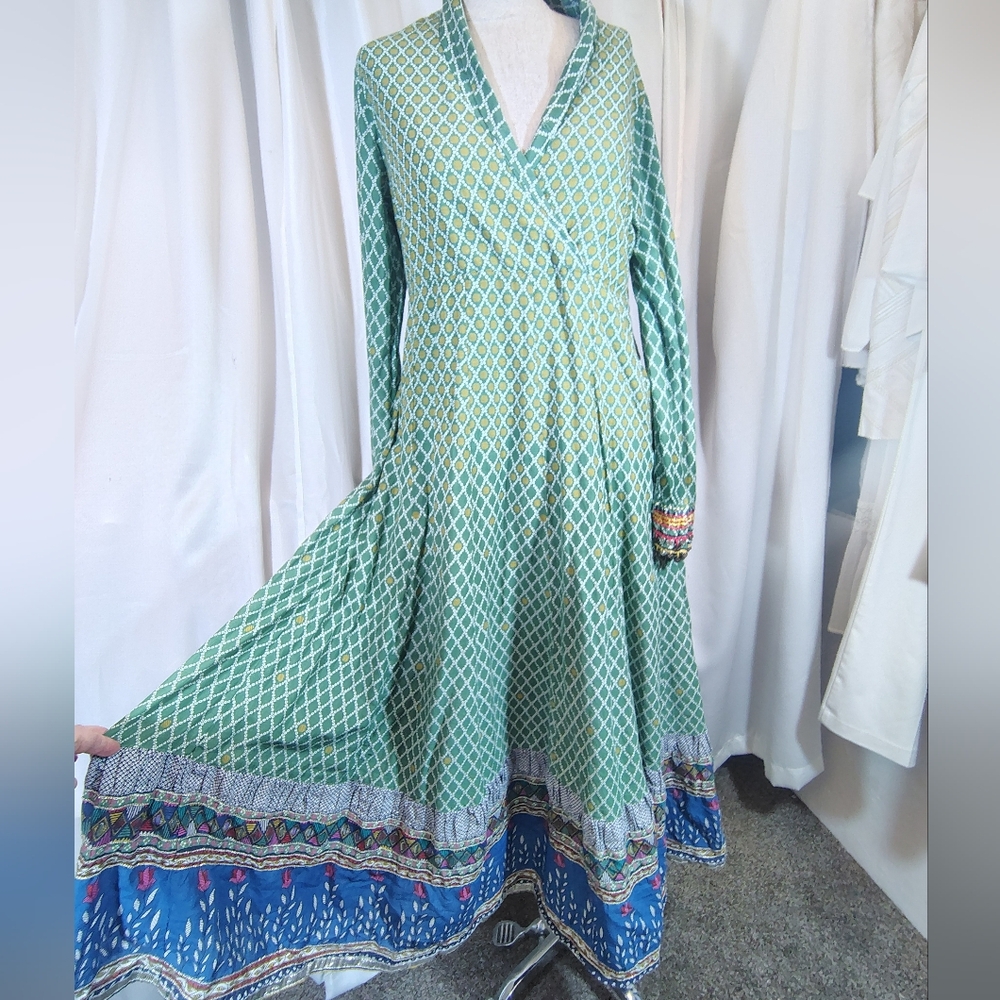 Biba Bohemian Maxi Dress, Patterned Green/Yellow Long Sleeve Ends/Buttons, M